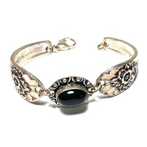 925 Spoon Bracelet Artisan Black Onyx Flower Design Sterling Silver